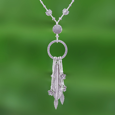 Silver Y-necklace, 'Feather Ring' - Feather and Flower 950 Silver Y-Necklace
