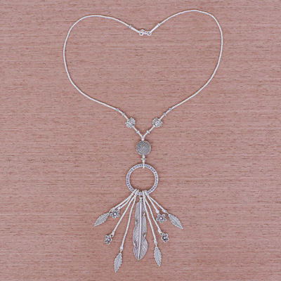 Silberne Y-Halskette - Feder und Blume Y-Halskette aus 950er Silber