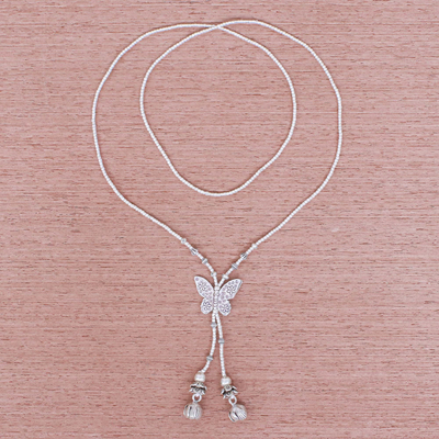 Silver lariat necklace, 'Butterfly Passion' - 950 Silver Butterfly Pendant Lariat Necklace