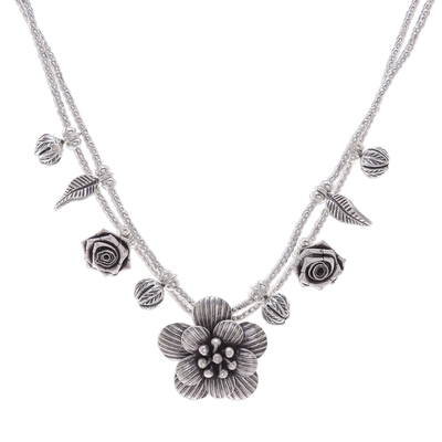 Silver Flower Two Strand Charm Necklace