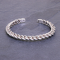 Sterling silver cuff bracelet, 'Midnight Unity' - Sterling Silver Cuff Bracelet Linked Chain Motif