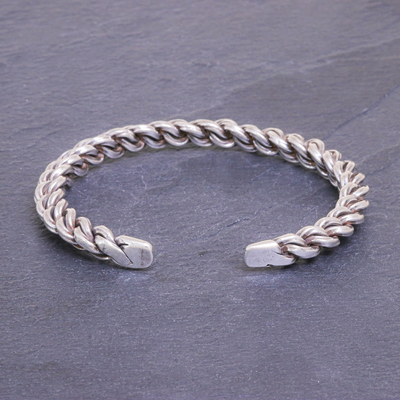 Sterling silver cuff bracelet, 'Midnight Unity' - Sterling Silver Cuff Bracelet Linked Chain Motif
