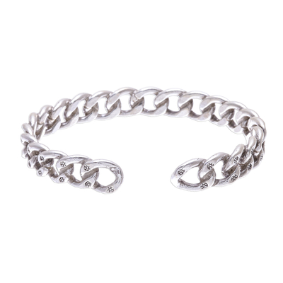 Sterling silver cuff bracelet, 'Stamped Spiral' - Sterling Silver Cuff Bracelet Linked Chain Motif