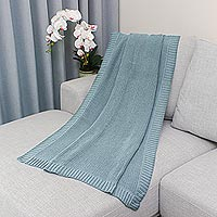 Cotton throw blanket, 'Spruce Comfort' - Blue Spruce 100% Cotton Knit Throw Blanket