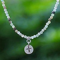 Silver and quartz pendant choker, 'Chiang Mai Cross' - Multicolored Quartz Cross Pendant Choker