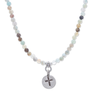 Silver and quartz pendant choker, 'Chiang Mai Cross' - Multicolored Quartz Cross Pendant Choker