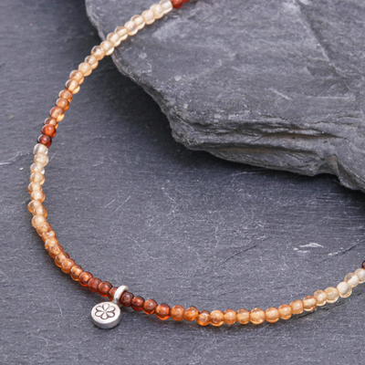 Hessonite garnet and silver pendant necklace, 'Cinnamon Girl' - Hessonite Garnet Beaded Pendant Necklace