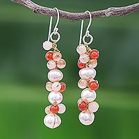 Multi-gemstone dangle earrings, 'Bellini Bubbles' - Cultured Freshwater Pearl Quartz Chalcedony Dangle Earrings