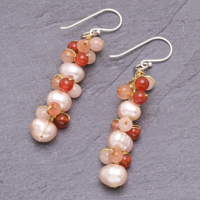 Multi-gemstone dangle earrings, 'Bellini Bubbles' - Cultured Freshwater Pearl Quartz Chalcedony Dangle Earrings