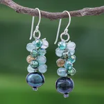 Cultured pearl beaded earrings, 'Aurora Borealis' - Blue-Green Gemstone Cluster Dangle Earrings