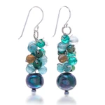 Cultured pearl beaded earrings, 'Aurora Borealis' - Blue-Green Gemstone Cluster Dangle Earrings