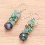 Cultured pearl beaded earrings, 'Aurora Borealis' - Blue-Green Gemstone Cluster Dangle Earrings