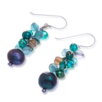Cultured pearl beaded earrings, 'Aurora Borealis' - Blue-Green Gemstone Cluster Dangle Earrings