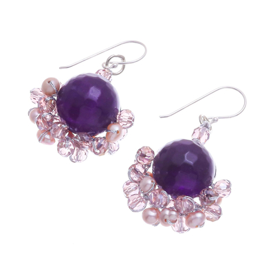 Quartz and cultured pearl dangle earrings, 'Vivid Dream in Purple' - Purple Quartz and Freshwater Pearl Dangle Earrings