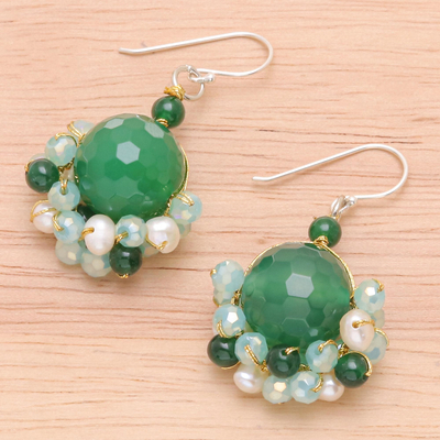 Pendientes colgantes de cuarzo y perlas cultivadas - Aretes colgantes de cuarzo verde y perlas de agua dulce