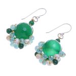 Quartz and cultured pearl dangle earrings, 'Vivid Dream in Green' - Green Quartz and Freshwater Pearl Dangle Earrings