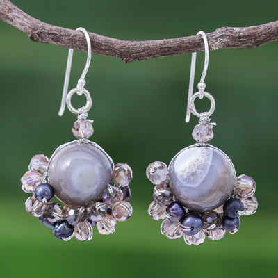 Agate and cultured pearl dangle earrings, Vivid Dream in Grey