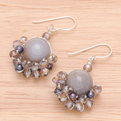 Agate and cultured pearl dangle earrings, 'Vivid Dream in Grey' - Grey Agate and Cultured Pearl Dangle Earrings