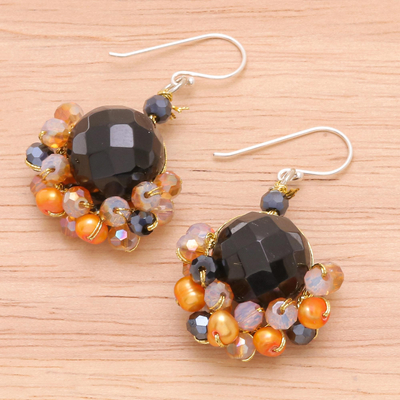 Onyx and cultured pearl dangle earrings, 'Vivid Dream in Orange' - Black Onyx and Orange Freshwater Pearl Dangle Earrings