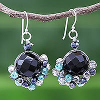 Amethyst and cultured pearl dangle earrings, 'Vivid Dream in Teal' - Onyx and Freshwater Pearl Dangle Earrings