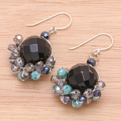 Amethyst and cultured pearl dangle earrings, 'Vivid Dream in Teal' - Onyx and Freshwater Pearl Dangle Earrings