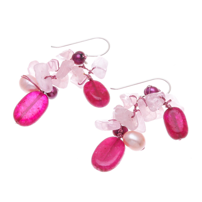Pendientes colgantes de cuarzo rosa y perlas cultivadas - Pendientes colgantes de perlas de agua dulce con cuarzo rosa