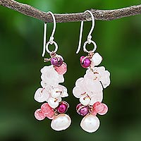 Rose quartz and cultured pearl dangle earrings, 'Sweet Summer' - Rose Quartz and Cultured Freshwater Pearl Dangle Earrings