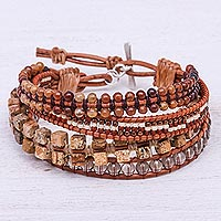 Multi-gemstone beaded wristband bracelet, 'Earthy Brown' - Multi-Gemstone and Brown Leather Wristband Bracelet