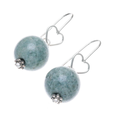 Jade dangle earrings, 'Ethereal Orbs in Green' - Sterling Silver and Jade Bead Heart Dangle Earrings