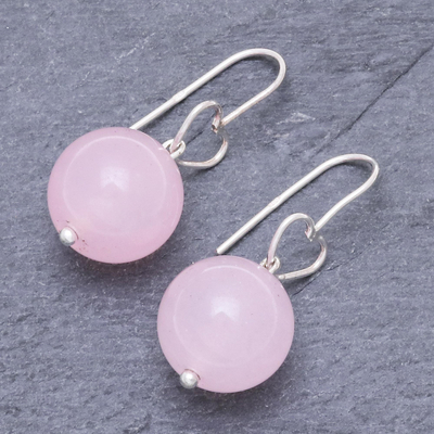 Rose quartz dangle earrings, 'Ethereal Orbs in Pink' - Sterling Silver and Rose Quartz Bead Heart Dangle Earrings