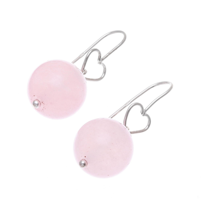 Rose quartz dangle earrings, 'Ethereal Orbs in Pink' - Sterling Silver and Rose Quartz Bead Heart Dangle Earrings
