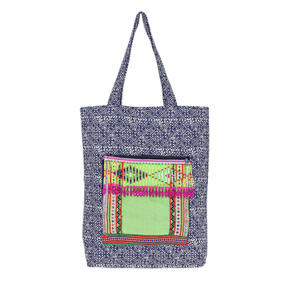 Hmong Cotton Tote Bag with Zippered Patch Pocket