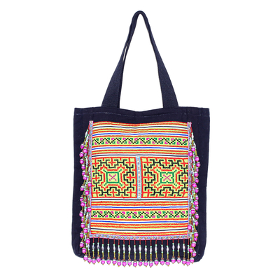Hmong Cotton Tote Bag with Zippered Interior Pocket