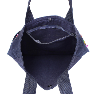 Cotton tote bag, 'Shiny Hmong' - Hmong Cotton Tote Bag with Zippered Interior Pocket