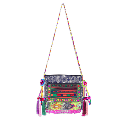Hmong Cotton Shoulder Bag with Zippered Patch Pocket