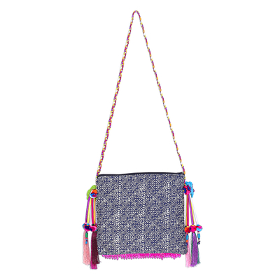 Cotton shoulder bag, 'Party Hmong' - Hmong Cotton Shoulder Bag with Zippered Patch Pocket