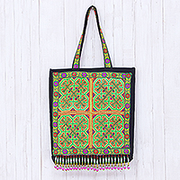 Baumwolltasche „Green Hmong“ – Bunte Baumwoll-Hmong-Einkaufstasche mit Magnetverschluss