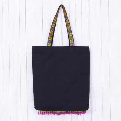 Cotton tote, 'Green Hmong' - Colorful Cotton Hmong Tote Bag with Magnetic Snap