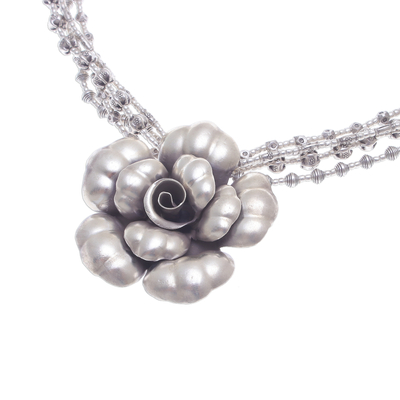Silver pendant necklace, 'Karen Blossom' - Karen Hill Tribe Silver Beaded Pendant Necklace Flower