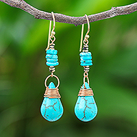 Howlite Pyrite Reconstituted Turquoise Dangle Earrings,'Rainshower'