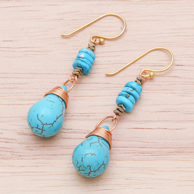 Beaded dangle earrings, 'Rainshower' - Howlite Pyrite Reconstituted Turquoise Dangle Earrings