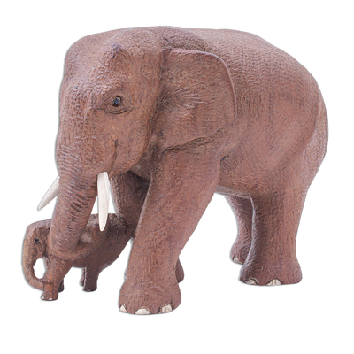 Skulptur aus Teakholz - Statuette aus Teakholz, Elefantenvater und Baby