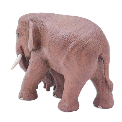 Teak wood sculpture, 'Father and Baby' - Father and Baby Elephant Teak Wood Statuette