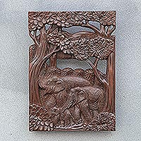 Teak wood relief panel, 'Joyful Family' - Hand Made Teak Wood Elephant Relief Panel