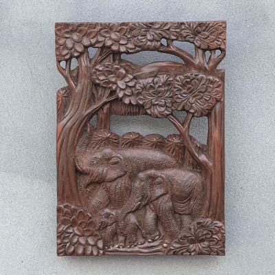 Teak wood relief panel, 'Joyful Family' - Hand Made Teak Wood Elephant Relief Panel
