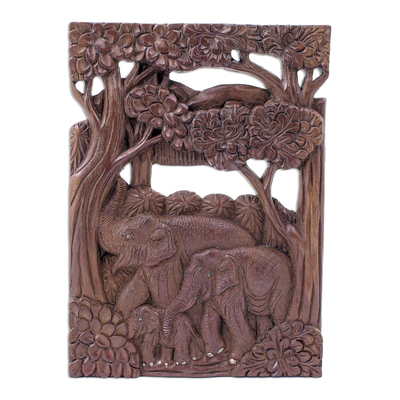 Hand Made Teak Wood Elephant Relief Panel