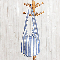 Cotton hobo shoulder bag, 'Vacation Sky' - Blue and White Striped Cotton Hobo Handbag