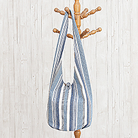 Hobo-Umhängetasche aus Baumwolle, „Blue Mood“ – Blau-weiß gestreifte Hobo-Handtasche aus Baumwolle