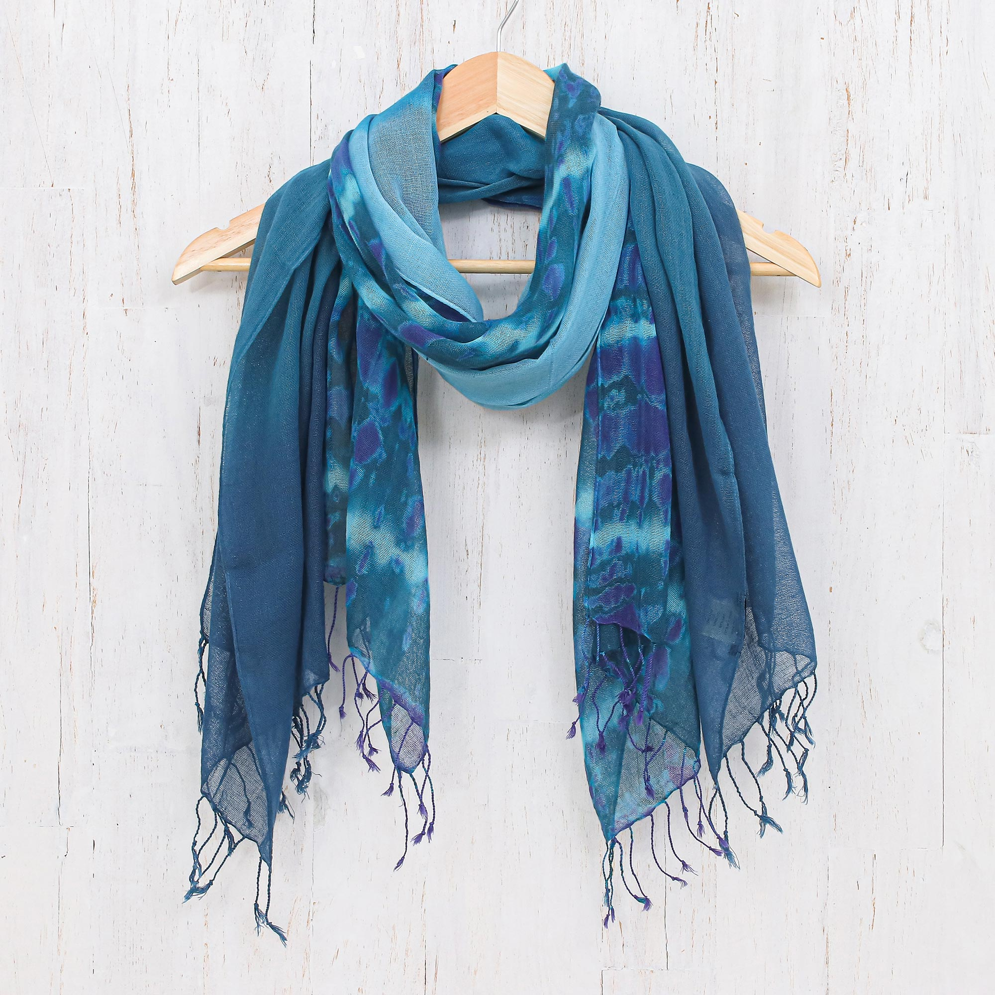 Pair of Cotton Scarves in Shades of Blue - Sea of Love | NOVICA
