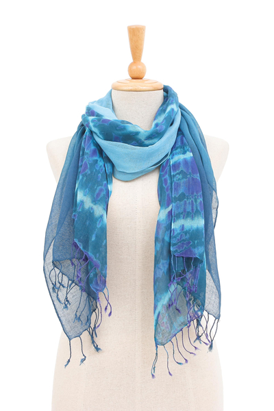 Cotton scarves, 'Sea of Love' (pair) - Pair of Cotton Scarves in Shades of Blue